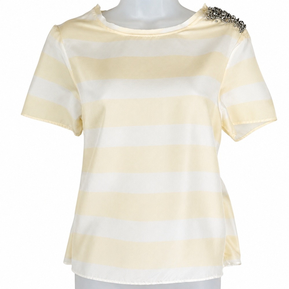 AllSaints Quake Silk Top Women's 6 Yellow Stripe Beaded Embellished Punk Luxe